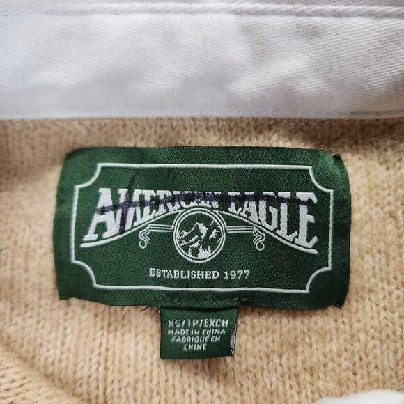 American Eagle Tan/Cream Striped Collared 3/4 Button Up Sweater XS Preppy Boxy - Picture 5 of 16
